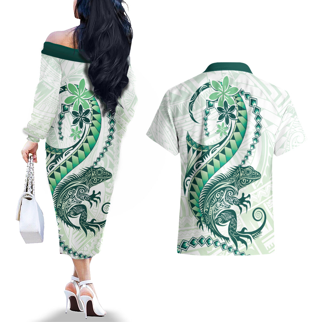 Green Maori Tuatara Couples Matching Off The Shoulder Long Sleeve Dress and Hawaiian Shirt Luxury Pastel Pattern