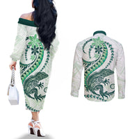 Green Maori Tuatara Couples Matching Off The Shoulder Long Sleeve Dress and Long Sleeve Button Shirt Luxury Pastel Pattern