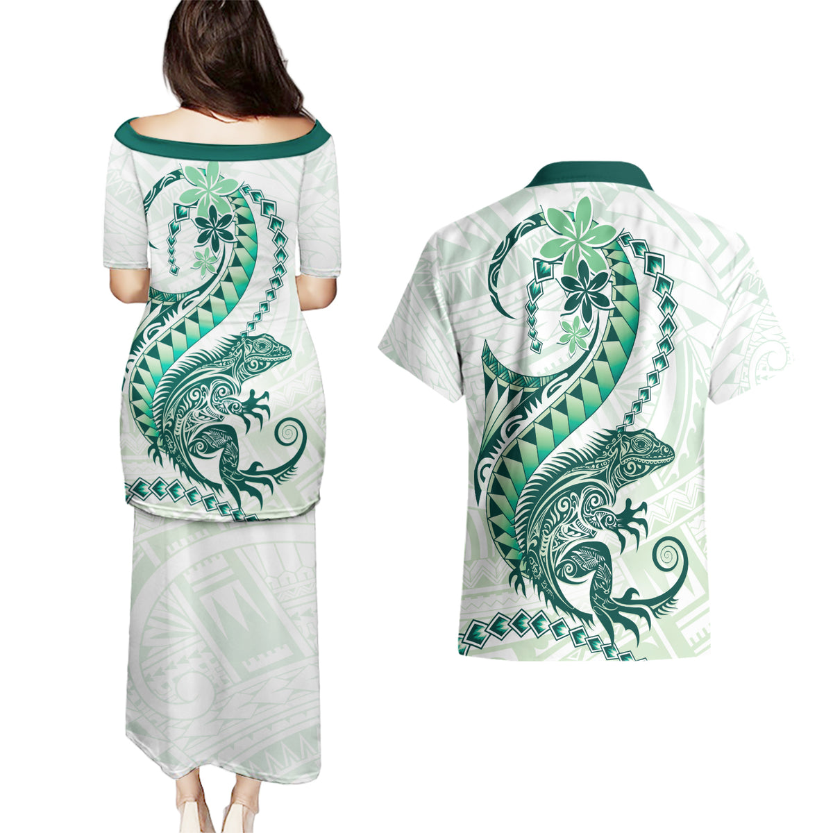 Green Maori Tuatara Couples Matching Puletasi and Hawaiian Shirt Luxury Pastel Pattern