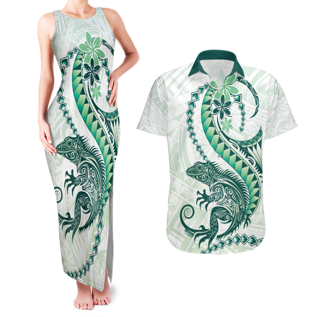 Green Maori Tuatara Couples Matching Tank Maxi Dress and Hawaiian Shirt Luxury Pastel Pattern