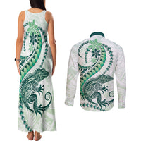Green Maori Tuatara Couples Matching Tank Maxi Dress and Long Sleeve Button Shirt Luxury Pastel Pattern