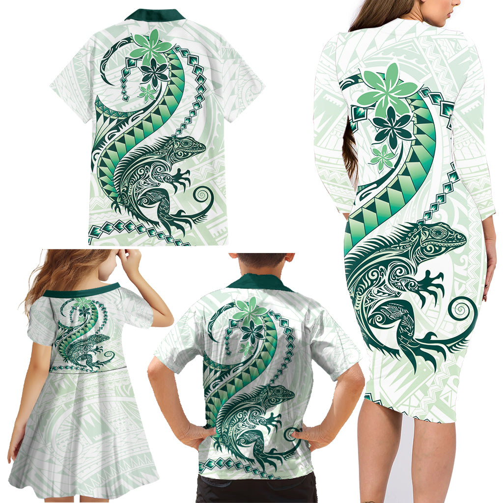 Green Maori Tuatara Family Matching Long Sleeve Bodycon Dress and Hawaiian Shirt Luxury Pastel Pattern