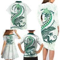 Green Maori Tuatara Family Matching Long Sleeve Bodycon Dress and Hawaiian Shirt Luxury Pastel Pattern