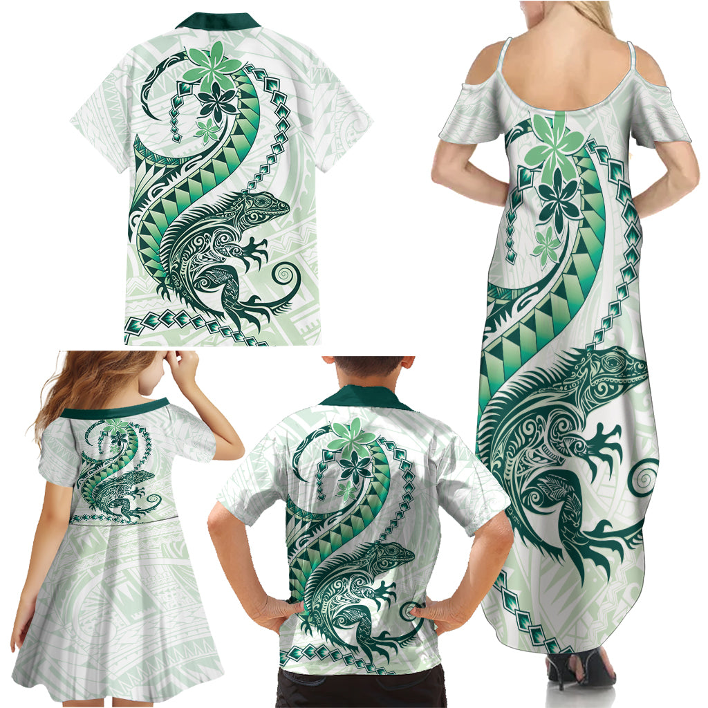 Green Maori Tuatara Family Matching Summer Maxi Dress and Hawaiian Shirt Luxury Pastel Pattern