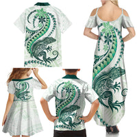 Green Maori Tuatara Family Matching Summer Maxi Dress and Hawaiian Shirt Luxury Pastel Pattern