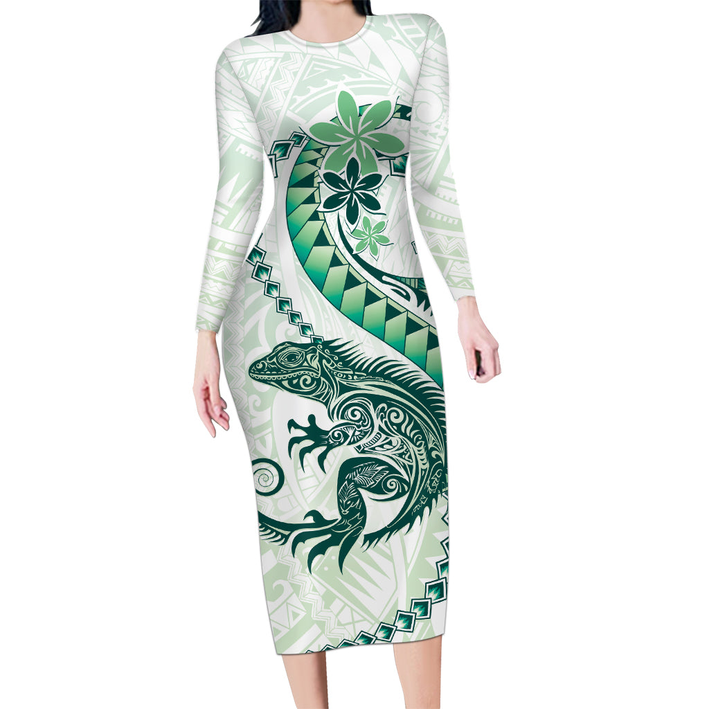 Green Maori Tuatara Long Sleeve Bodycon Dress Luxury Pastel Pattern LT01 Long Dress Green - Polynesian Pride