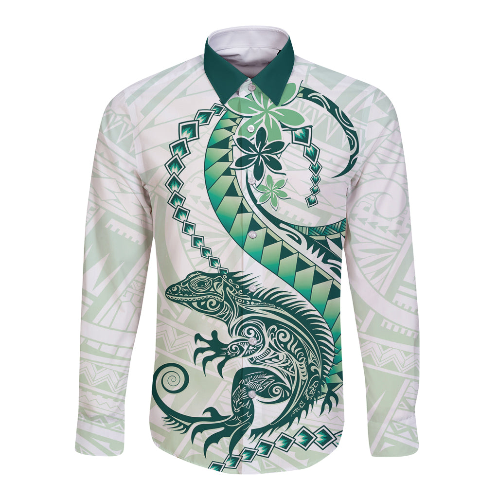 Green Maori Tuatara Long Sleeve Button Shirt Luxury Pastel Pattern LT01 Unisex Green - Polynesian Pride