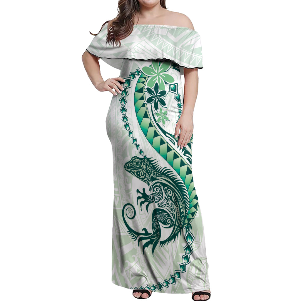 Green Maori Tuatara Off Shoulder Maxi Dress Luxury Pastel Pattern