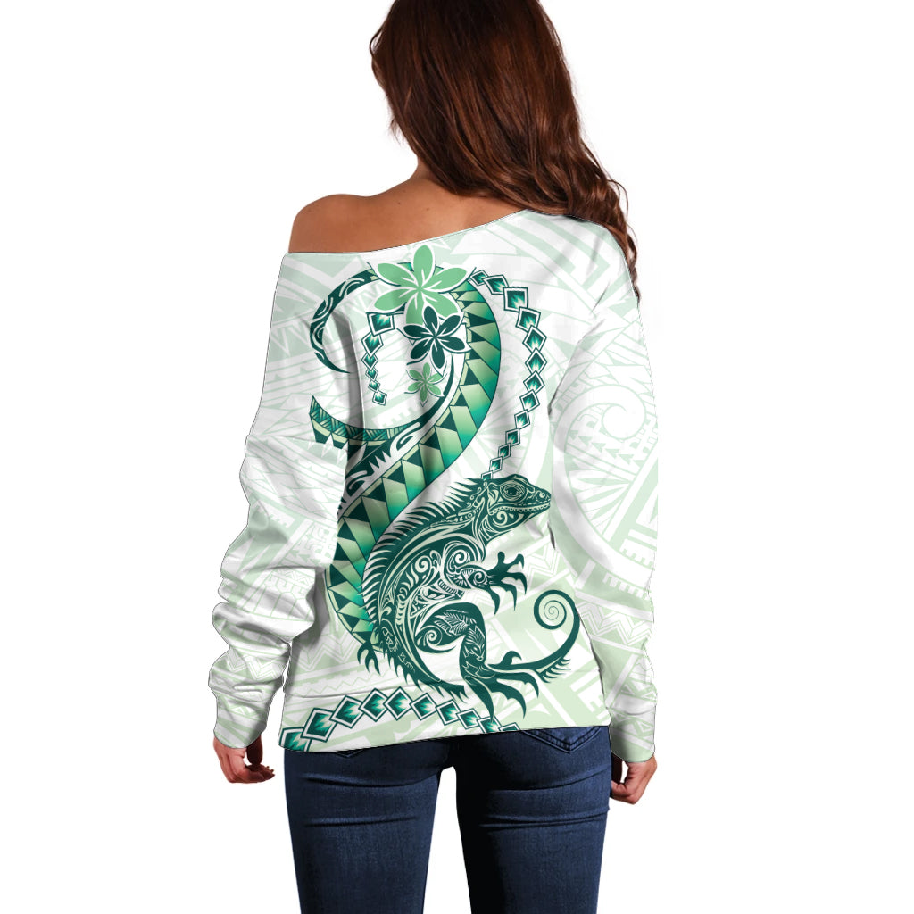 Green Maori Tuatara Off Shoulder Sweater Luxury Pastel Pattern