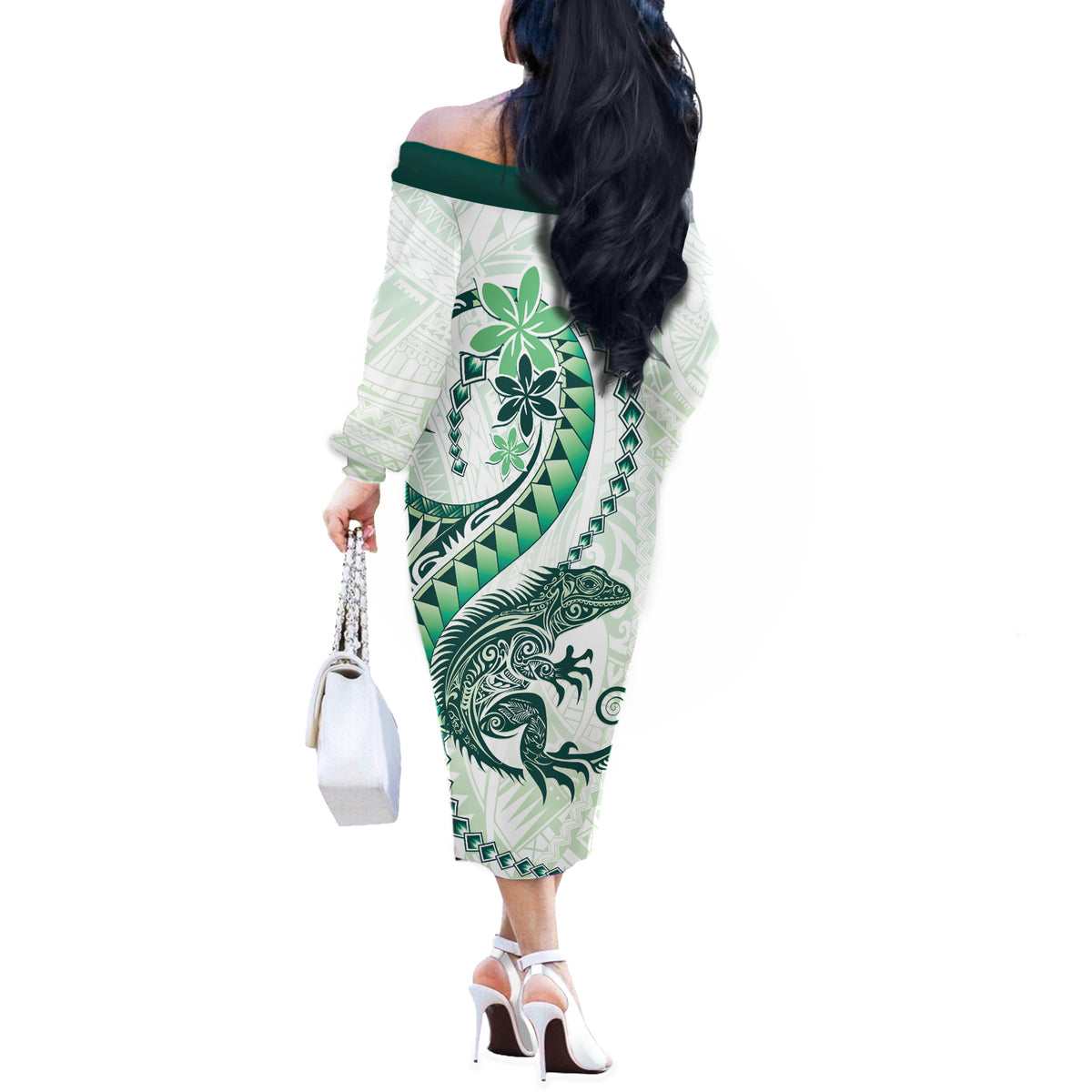 Green Maori Tuatara Off The Shoulder Long Sleeve Dress Luxury Pastel Pattern