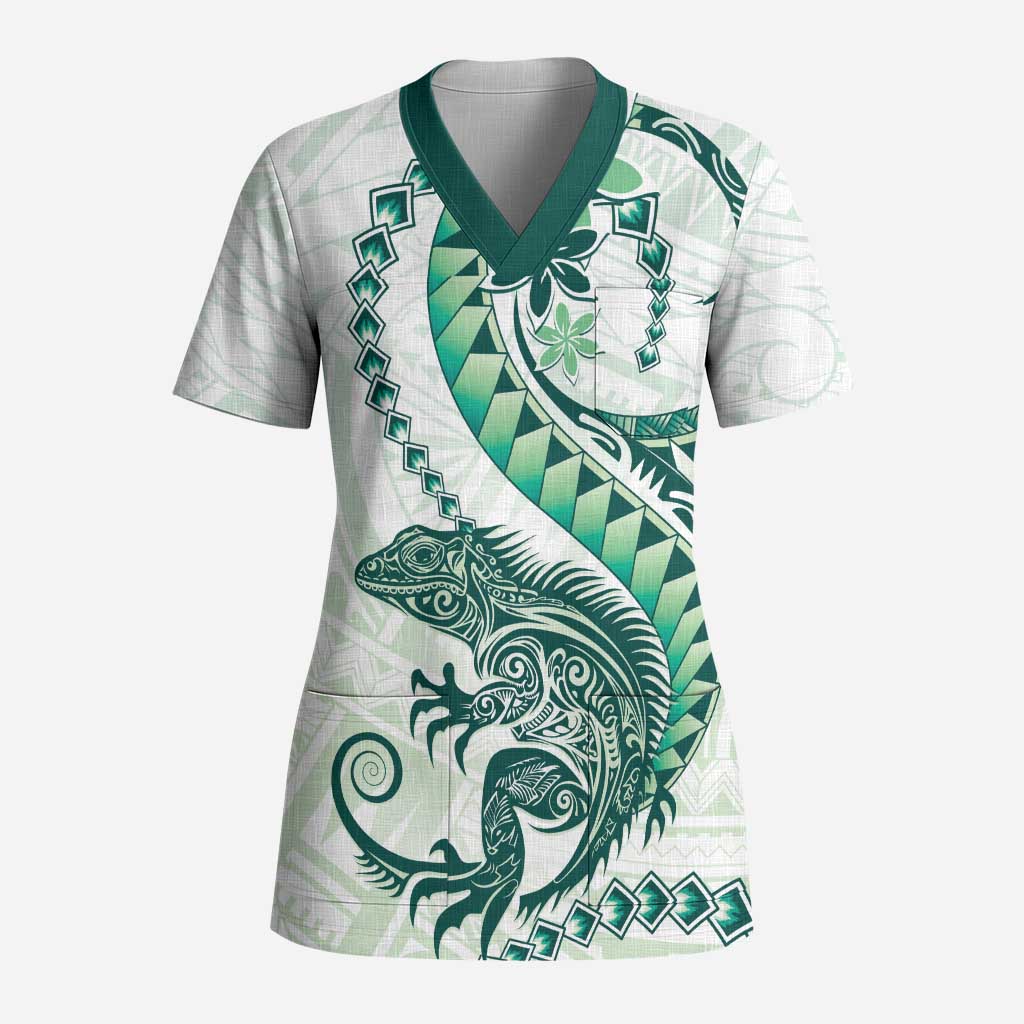 Green Maori Tuatara Scrub Top Luxury Pastel Pattern LT01 Adult Green - Polynesian Pride