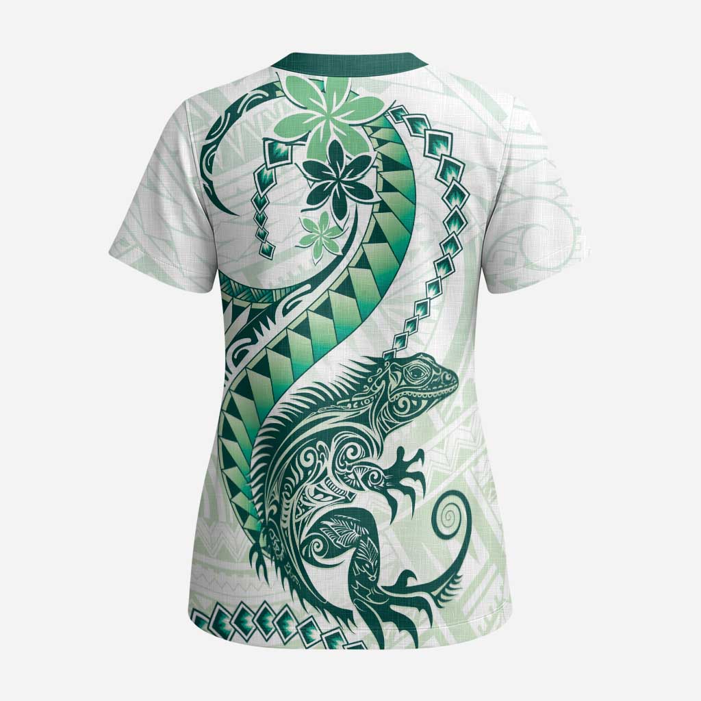 Green Maori Tuatara Scrub Top Luxury Pastel Pattern - Polynesian Pride