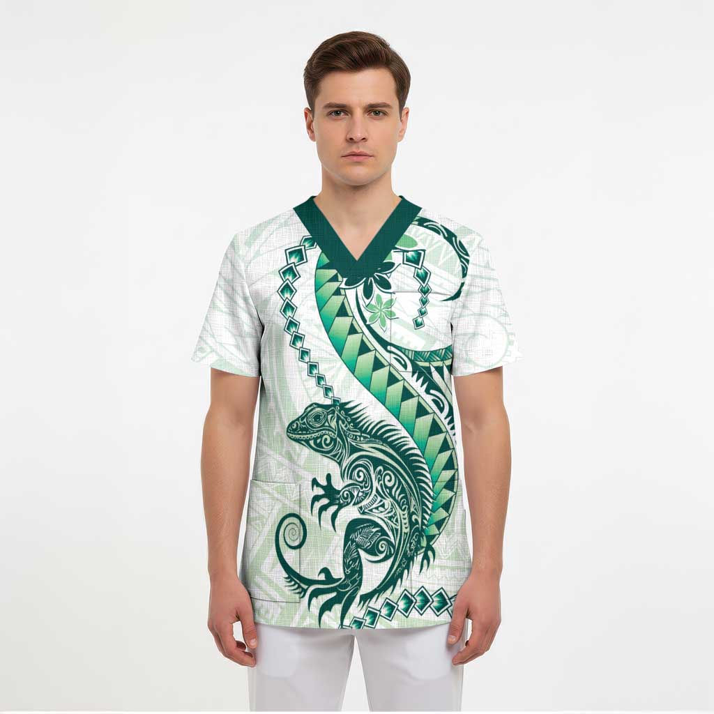 Green Maori Tuatara Scrub Top Luxury Pastel Pattern - Polynesian Pride