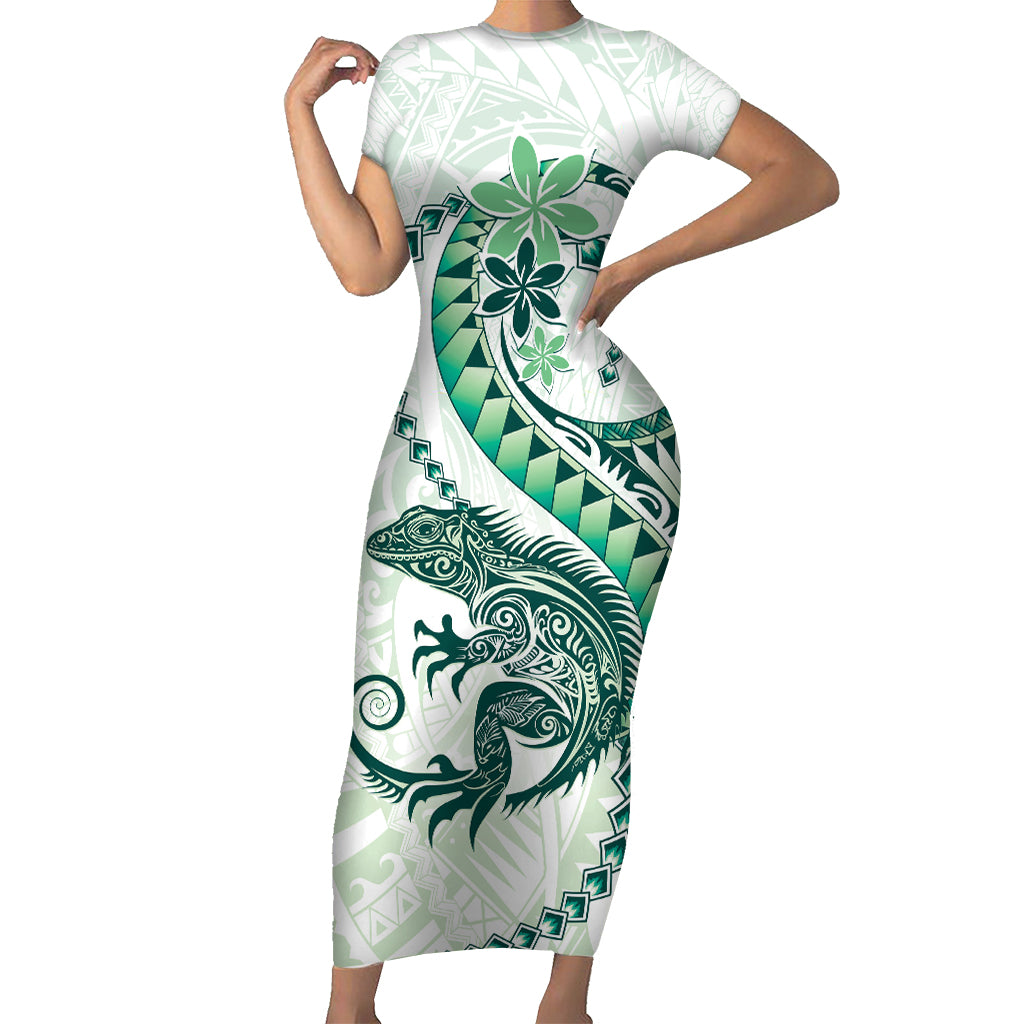 Green Maori Tuatara Short Sleeve Bodycon Dress Luxury Pastel Pattern