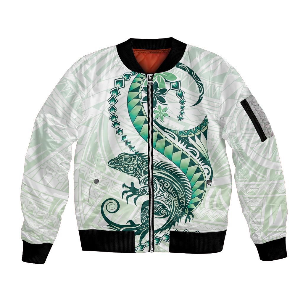 Green Maori Tuatara Sleeve Zip Bomber Jacket Luxury Pastel Pattern LT01 Unisex Green - Polynesian Pride