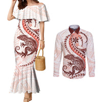 Red Maori Tuatara Couples Matching Mermaid Dress and Long Sleeve Button Shirt Luxury Pastel Pattern