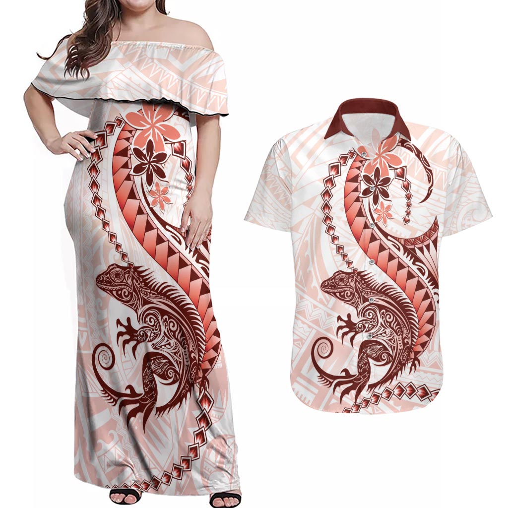Red Maori Tuatara Couples Matching Off Shoulder Maxi Dress and Hawaiian Shirt Luxury Pastel Pattern LT01 Red - Polynesian Pride