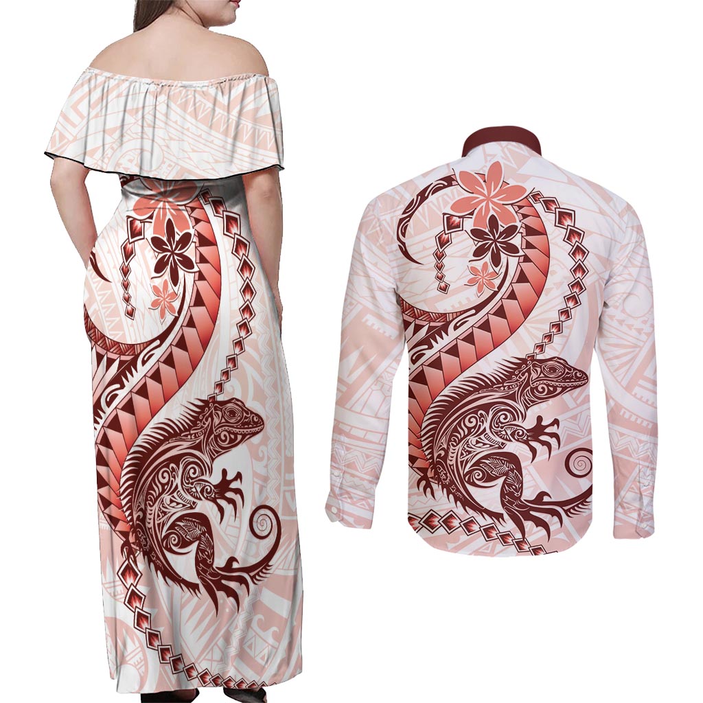 Red Maori Tuatara Couples Matching Off Shoulder Maxi Dress and Long Sleeve Button Shirt Luxury Pastel Pattern