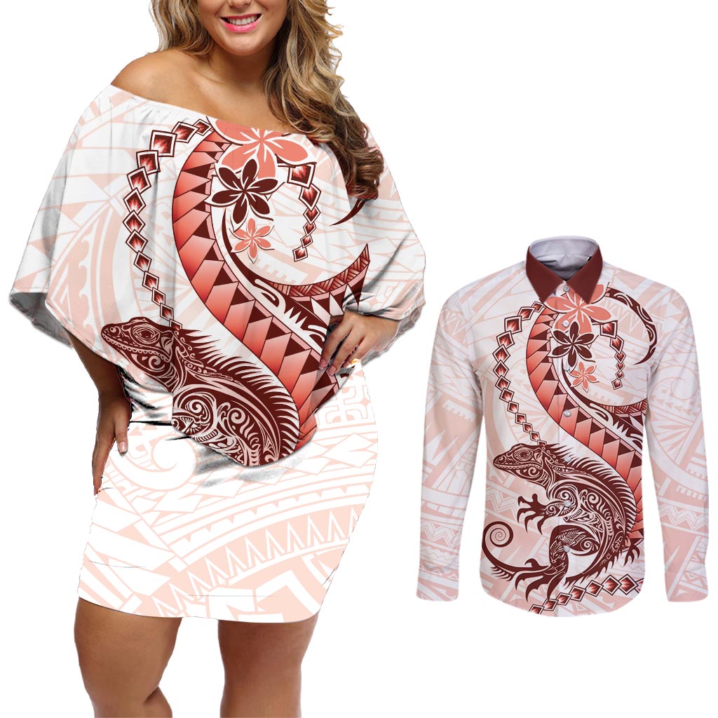 Red Maori Tuatara Couples Matching Off Shoulder Short Dress and Long Sleeve Button Shirt Luxury Pastel Pattern