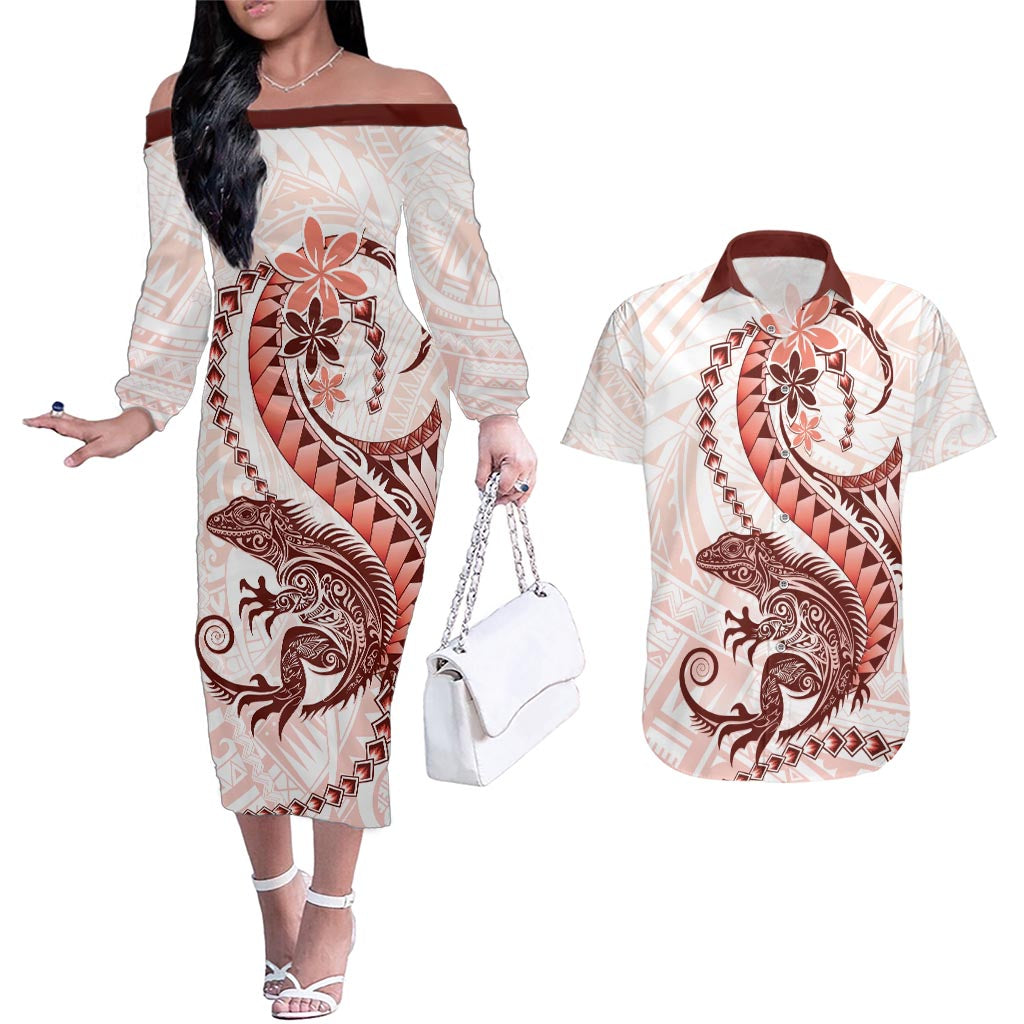 Red Maori Tuatara Couples Matching Off The Shoulder Long Sleeve Dress and Hawaiian Shirt Luxury Pastel Pattern LT01 Red - Polynesian Pride