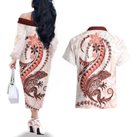 Red Maori Tuatara Couples Matching Off The Shoulder Long Sleeve Dress and Hawaiian Shirt Luxury Pastel Pattern