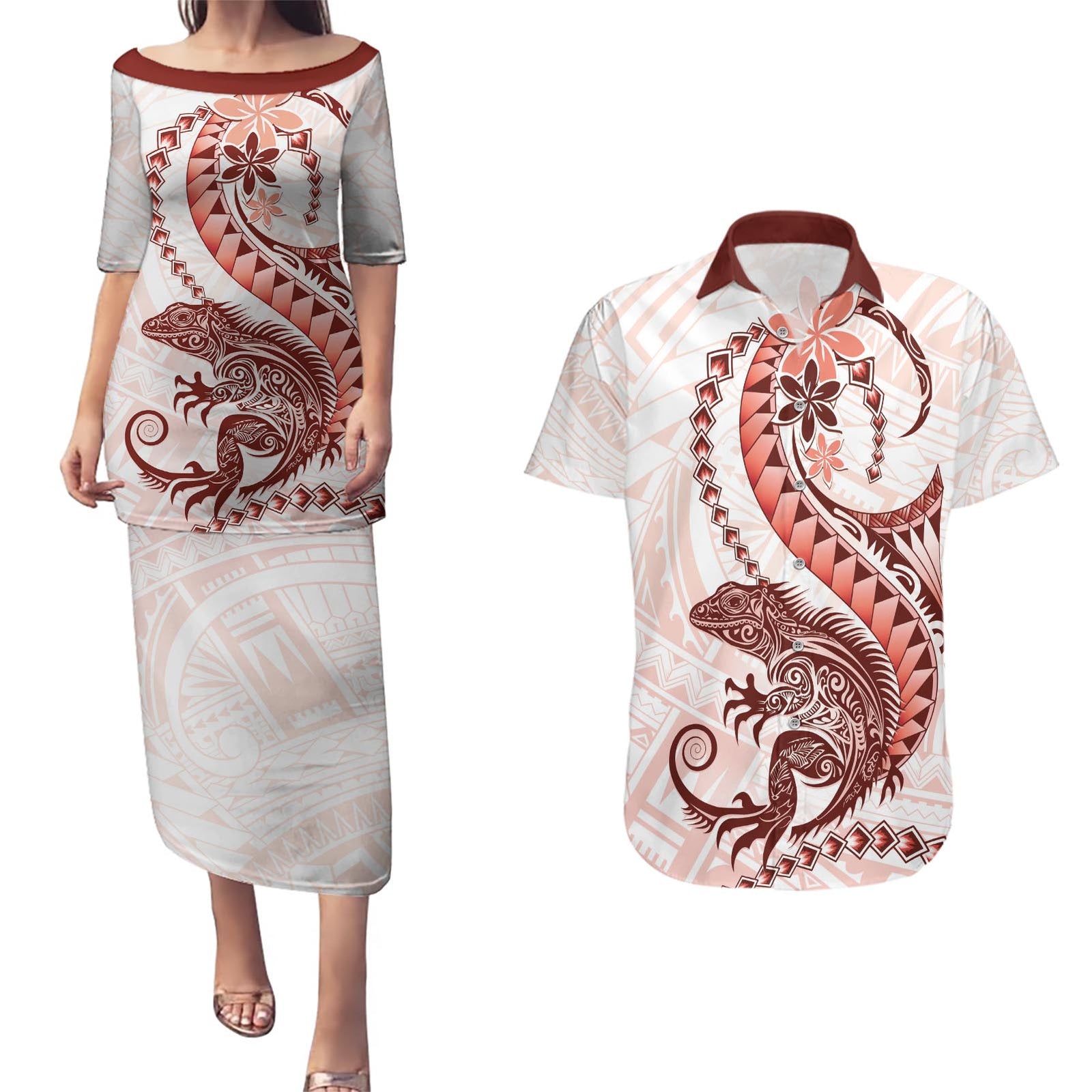 Red Maori Tuatara Couples Matching Puletasi and Hawaiian Shirt Luxury Pastel Pattern LT01 Red - Polynesian Pride