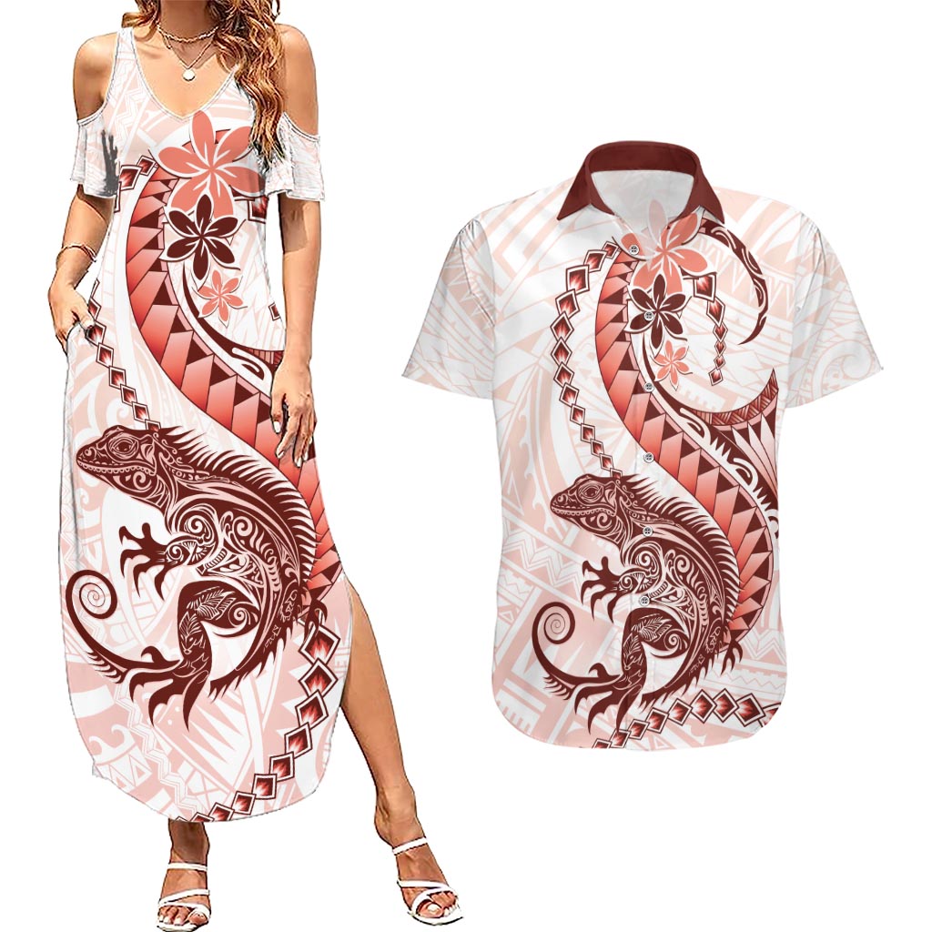 Red Maori Tuatara Couples Matching Summer Maxi Dress and Hawaiian Shirt Luxury Pastel Pattern LT01 Red - Polynesian Pride