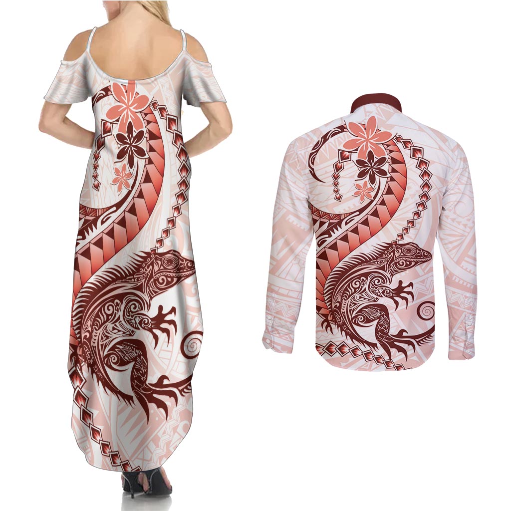 Red Maori Tuatara Couples Matching Summer Maxi Dress and Long Sleeve Button Shirt Luxury Pastel Pattern