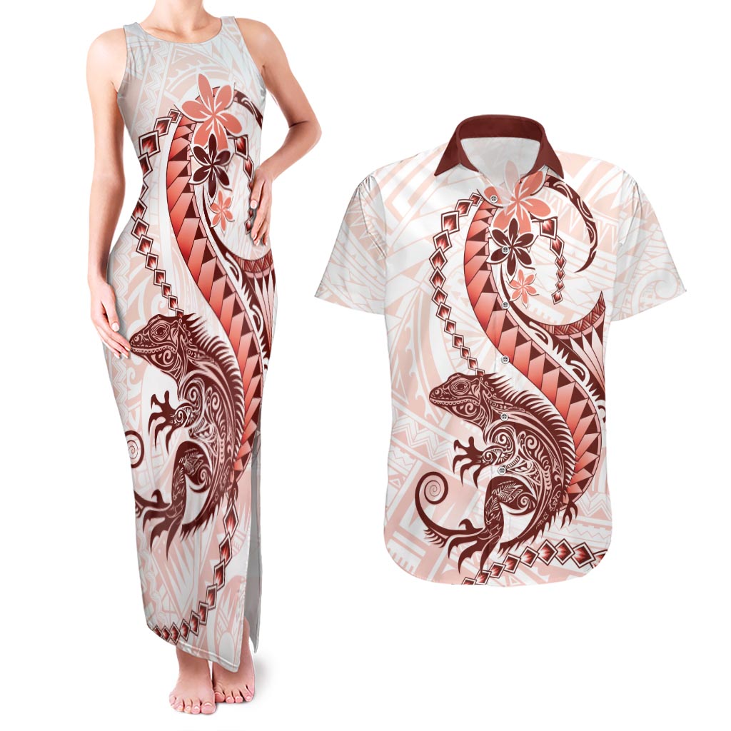 Red Maori Tuatara Couples Matching Tank Maxi Dress and Hawaiian Shirt Luxury Pastel Pattern LT01 Red - Polynesian Pride