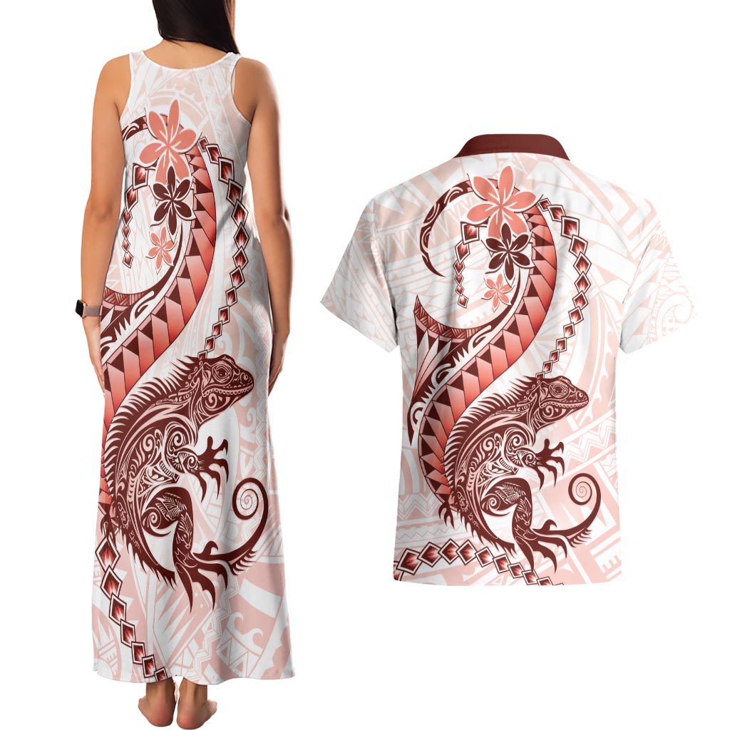 Red Maori Tuatara Couples Matching Tank Maxi Dress and Hawaiian Shirt Luxury Pastel Pattern