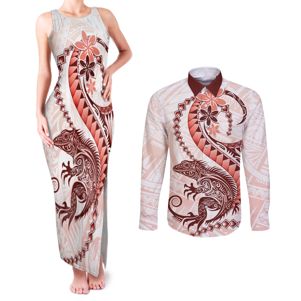 Red Maori Tuatara Couples Matching Tank Maxi Dress and Long Sleeve Button Shirt Luxury Pastel Pattern LT01 Red - Polynesian Pride