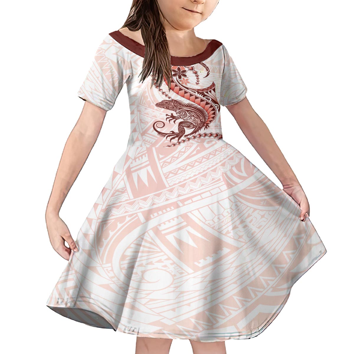 Red Maori Tuatara Family Matching Off The Shoulder Long Sleeve Dress and Hawaiian Shirt Luxury Pastel Pattern LT01 Daughter's Dress Red - Polynesian Pride