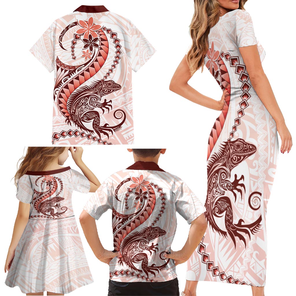 Red Maori Tuatara Family Matching Short Sleeve Bodycon Dress and Hawaiian Shirt Luxury Pastel Pattern