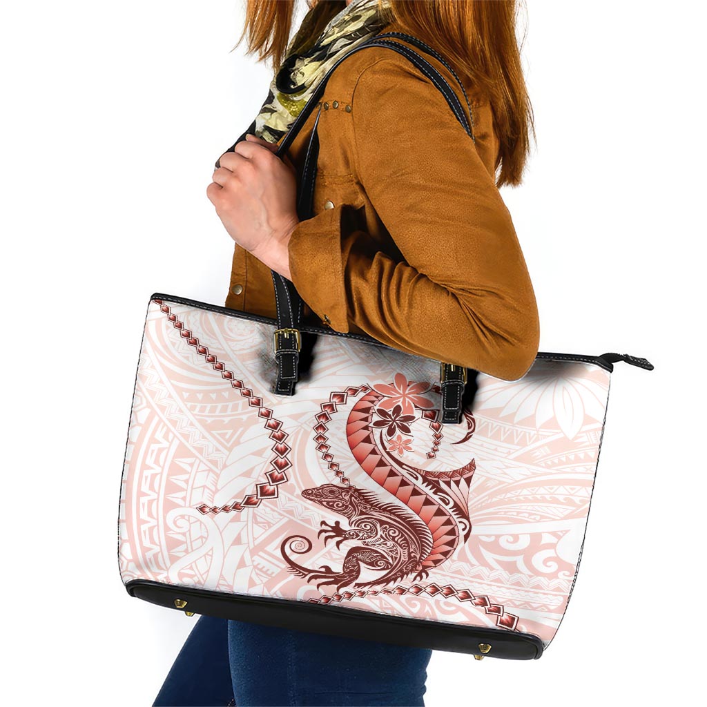 Red Maori Tuatara Leather Tote Bag Luxury Pastel Pattern LT01 Red - Polynesian Pride