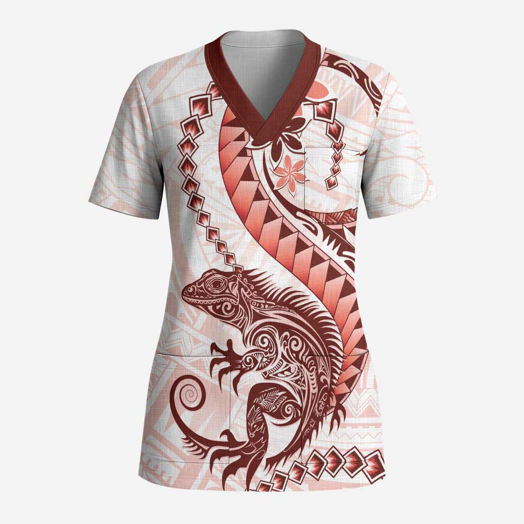 Red Maori Tuatara Scrub Top Luxury Pastel Pattern LT01 Adult Red - Polynesian Pride