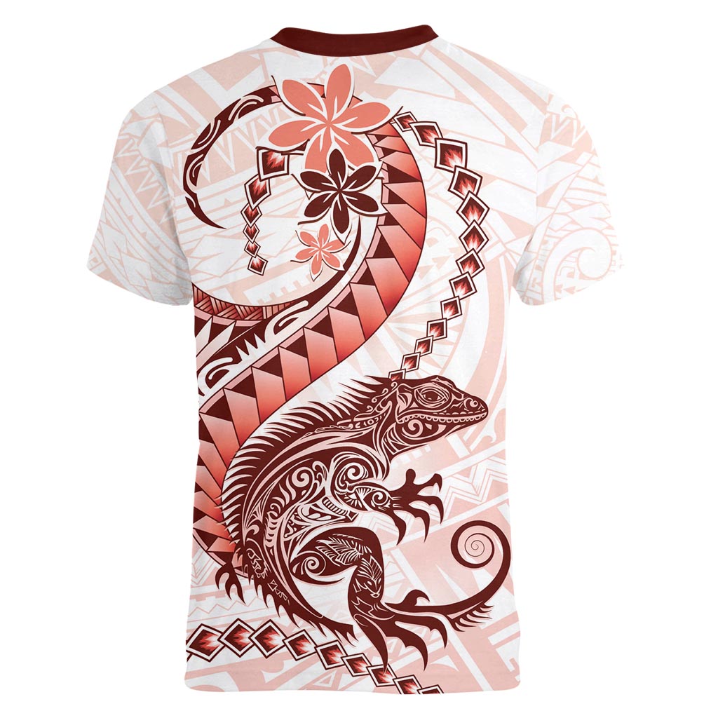 Red Maori Tuatara Women V-Neck T-Shirt Luxury Pastel Pattern