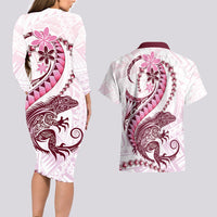 Pink Maori Tuatara Couples Matching Long Sleeve Bodycon Dress and Hawaiian Shirt Luxury Pastel Pattern