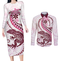Pink Maori Tuatara Couples Matching Long Sleeve Bodycon Dress and Long Sleeve Button Shirt Luxury Pastel Pattern