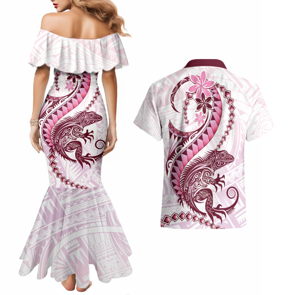 Pink Maori Tuatara Couples Matching Mermaid Dress and Hawaiian Shirt Luxury Pastel Pattern