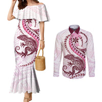 Pink Maori Tuatara Couples Matching Mermaid Dress and Long Sleeve Button Shirt Luxury Pastel Pattern