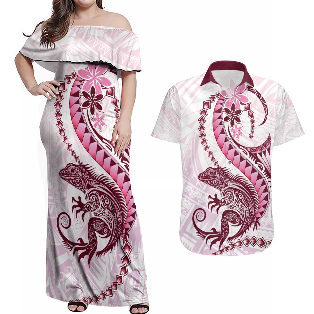 Pink Maori Tuatara Couples Matching Off Shoulder Maxi Dress and Hawaiian Shirt Luxury Pastel Pattern LT01 Pink - Polynesian Pride