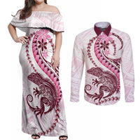 Pink Maori Tuatara Couples Matching Off Shoulder Maxi Dress and Long Sleeve Button Shirt Luxury Pastel Pattern