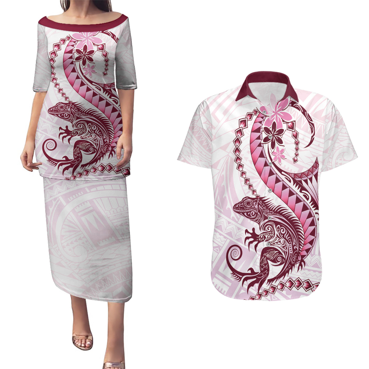 Pink Maori Tuatara Couples Matching Puletasi and Hawaiian Shirt Luxury Pastel Pattern