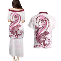 Pink Maori Tuatara Couples Matching Puletasi and Hawaiian Shirt Luxury Pastel Pattern