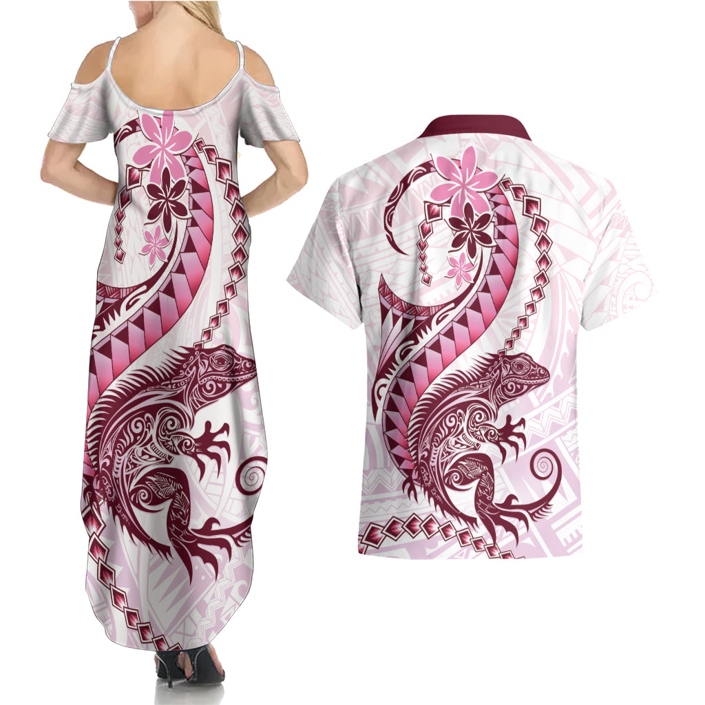 Pink Maori Tuatara Couples Matching Summer Maxi Dress and Hawaiian Shirt Luxury Pastel Pattern LT01 - Polynesian Pride