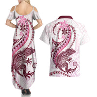 Pink Maori Tuatara Couples Matching Summer Maxi Dress and Hawaiian Shirt Luxury Pastel Pattern LT01 - Polynesian Pride