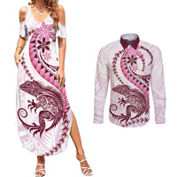 Pink Maori Tuatara Couples Matching Summer Maxi Dress and Long Sleeve Button Shirt Luxury Pastel Pattern
