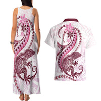 Pink Maori Tuatara Couples Matching Tank Maxi Dress and Hawaiian Shirt Luxury Pastel Pattern