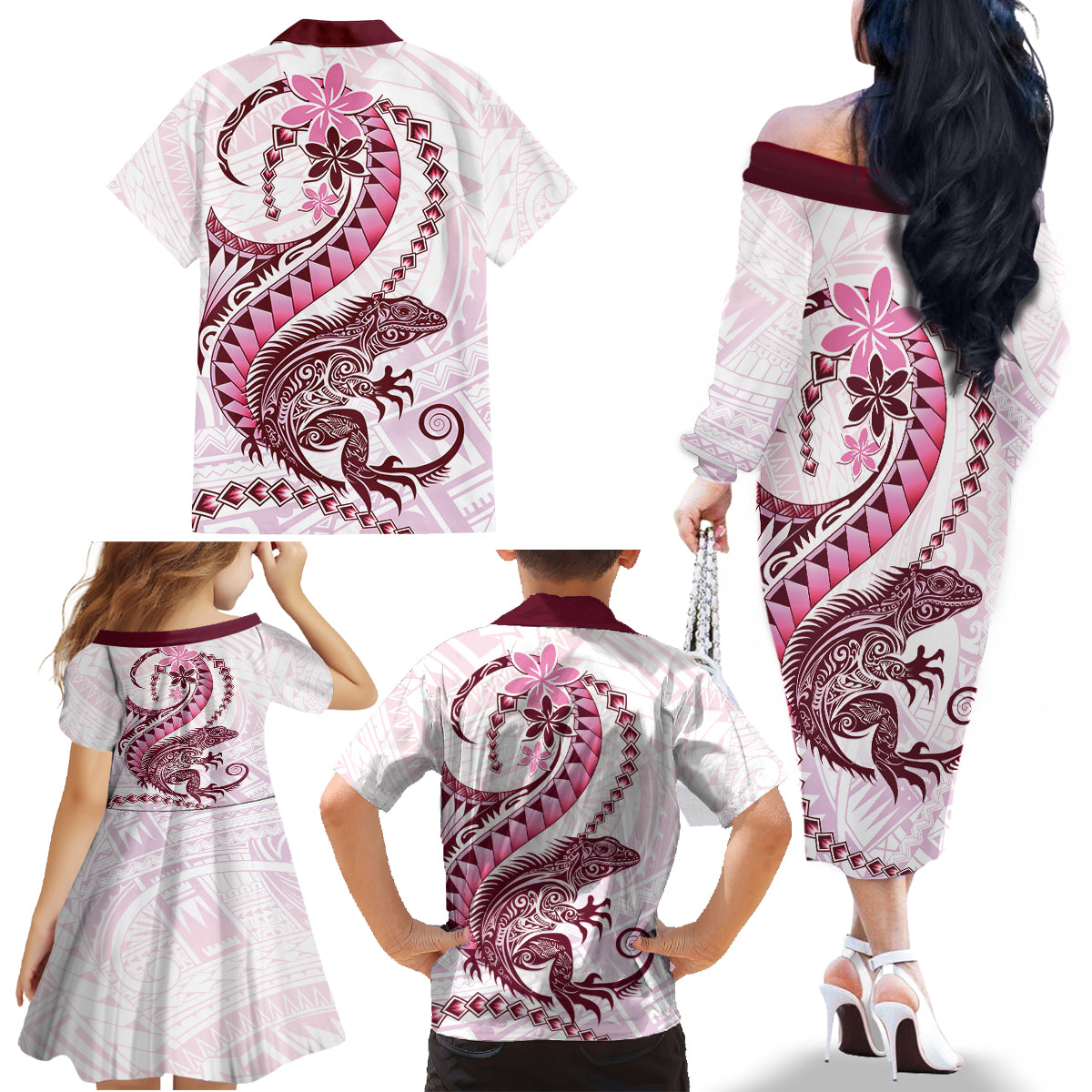 Pink Maori Tuatara Family Matching Off The Shoulder Long Sleeve Dress and Hawaiian Shirt Luxury Pastel Pattern