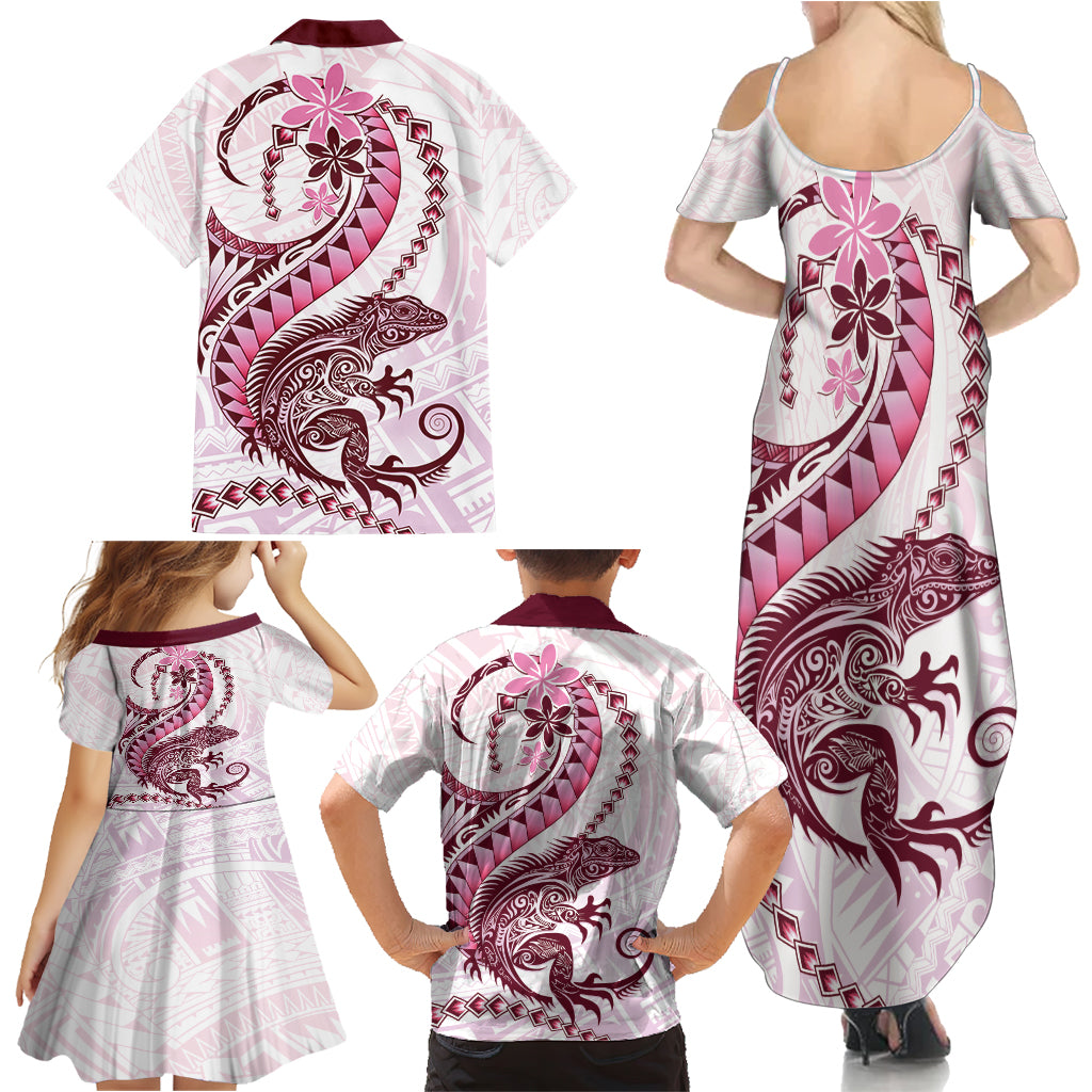 Pink Maori Tuatara Family Matching Summer Maxi Dress and Hawaiian Shirt Luxury Pastel Pattern